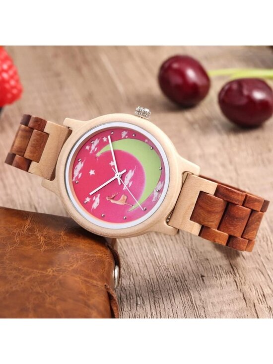 Women\'s Pink Analog Quartz Couples Colorful Bamboo Classic Design Wooden Watch